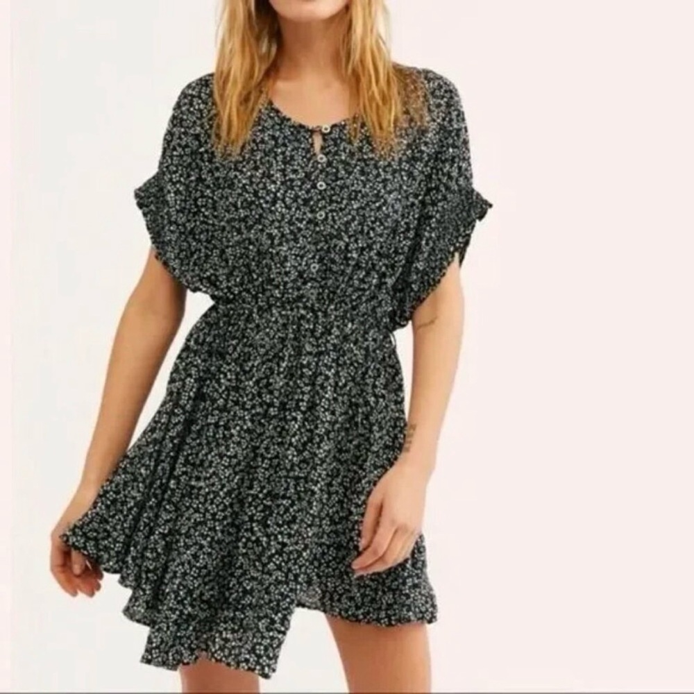 NWOT Free People One Fine Day Black Floral Short Sleeve Mini Dress